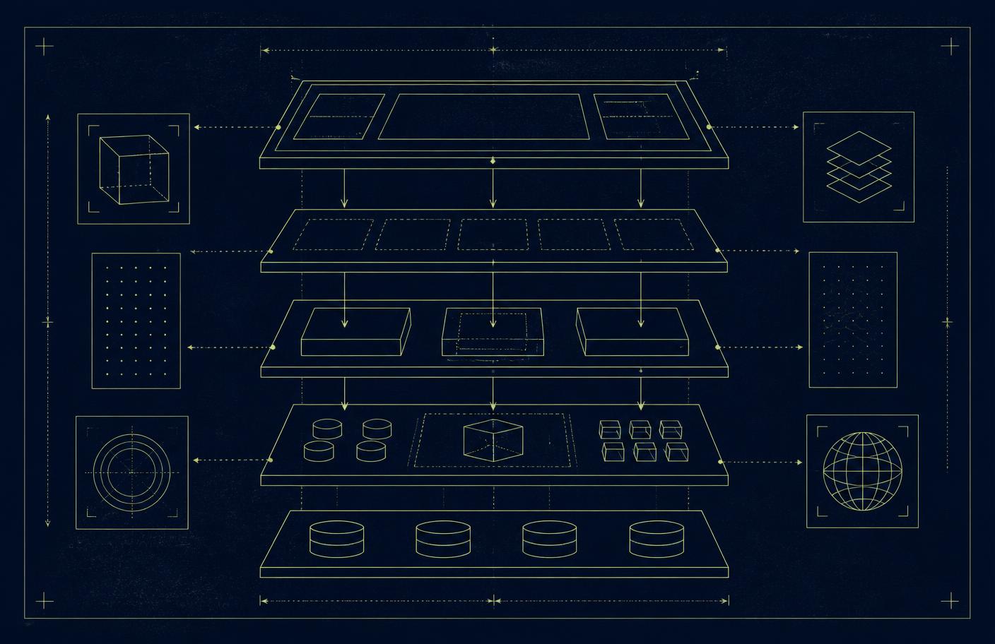 Blueprint diagram of stacked application layers linked by directional arrows