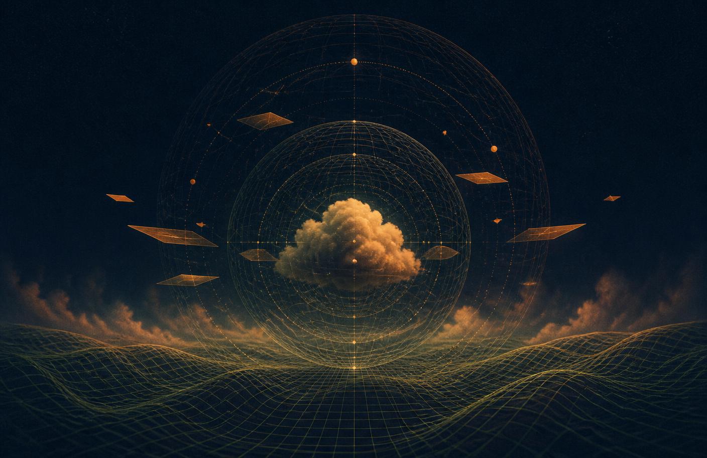 Abstract wireframe sphere with orbiting planes above a grid horizon representing cloud platforms