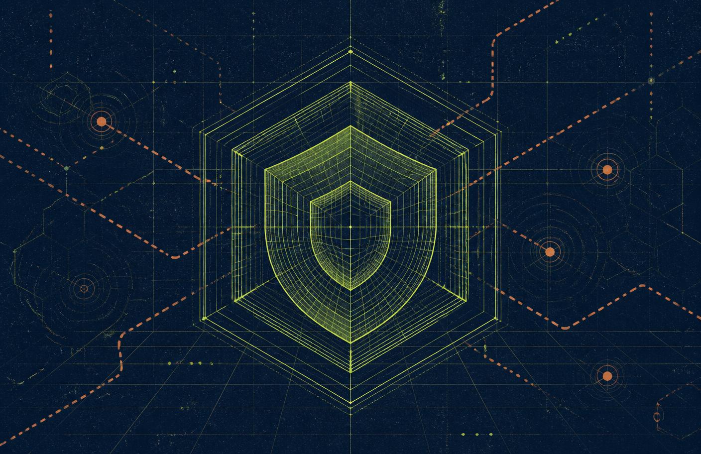 Wireframe shield within a hexagonal grid, representing layered quality and security controls