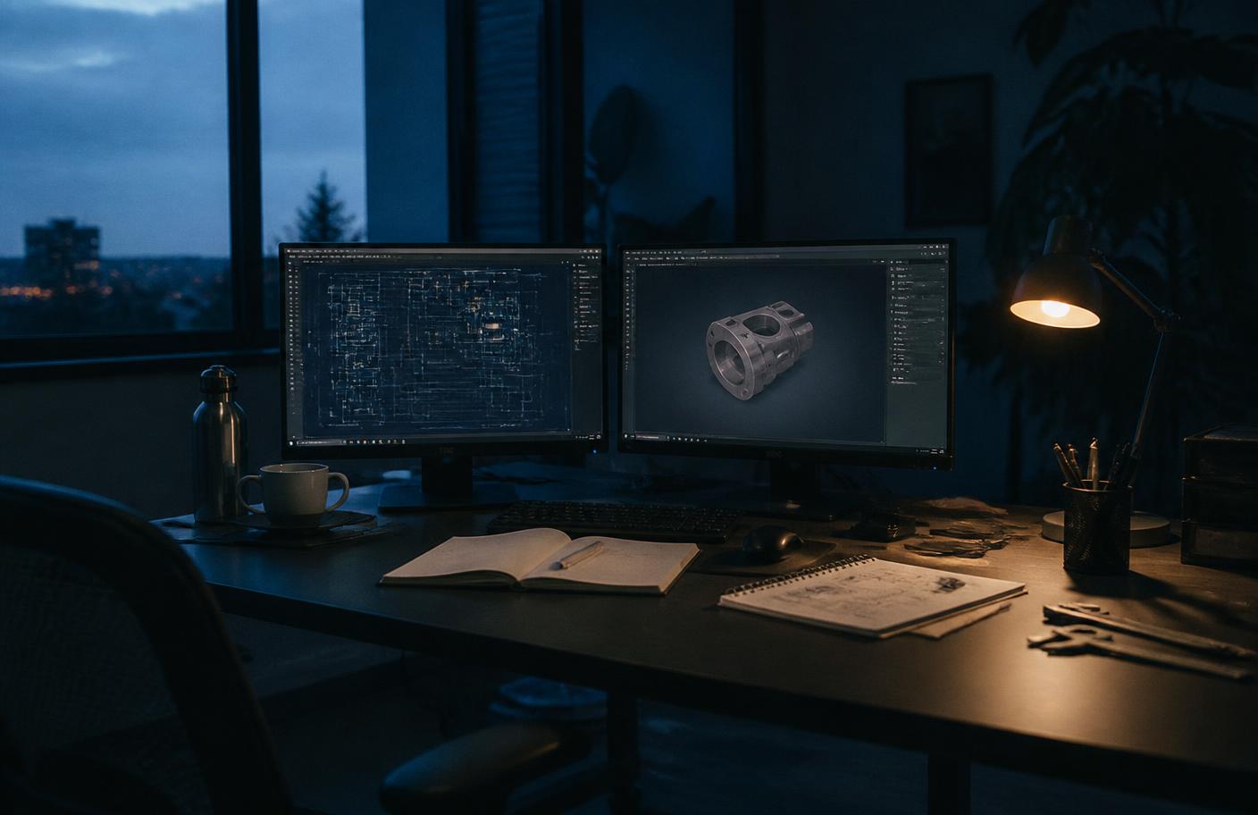 Quiet engineering desk with monitors showing technical drawings and a notebook open at a sketch